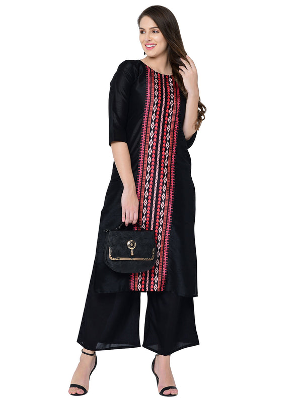 Women's Black Poly Silk Kurta - Ziyaa