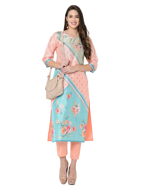 Women's Peach Poly Silk Kurta - Ziyaa