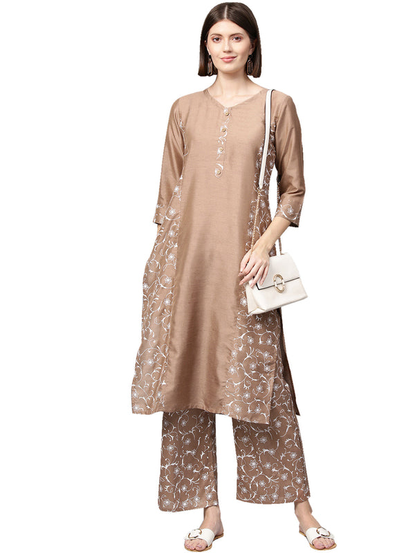 Women's Brown Poly Silk Kurta - Ziyaa