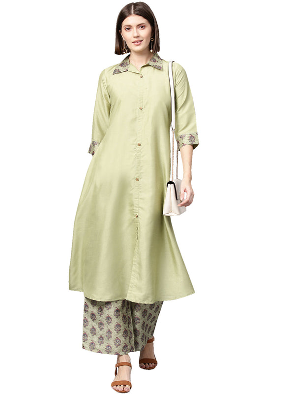 Women's Green Poly Silk Kurta - Ziyaa