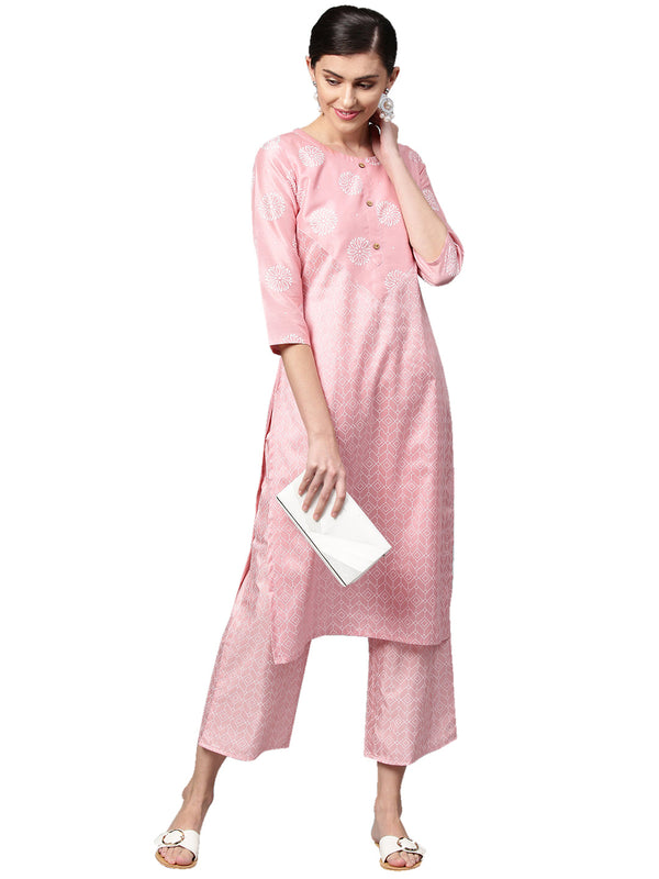 Women's Pink Poly Silk Kurta And Palazzo Set - Ziyaa