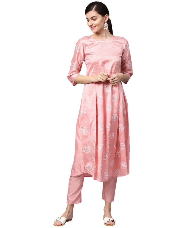 Women Pink Silk Kurta with Pant by Ziyaa (2pcs Set)