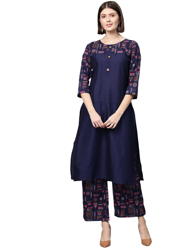 Women's Navy Blue Poly Silk Kurta by Ziyaa