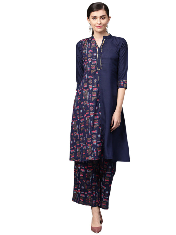 Women's Navy Blue Poly Silk Kurta - Ziyaa