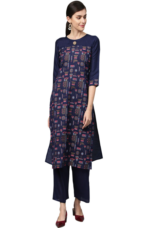 Women's Navy Blue Poly Silk Kurta And Palazzo Set - Ziyaa