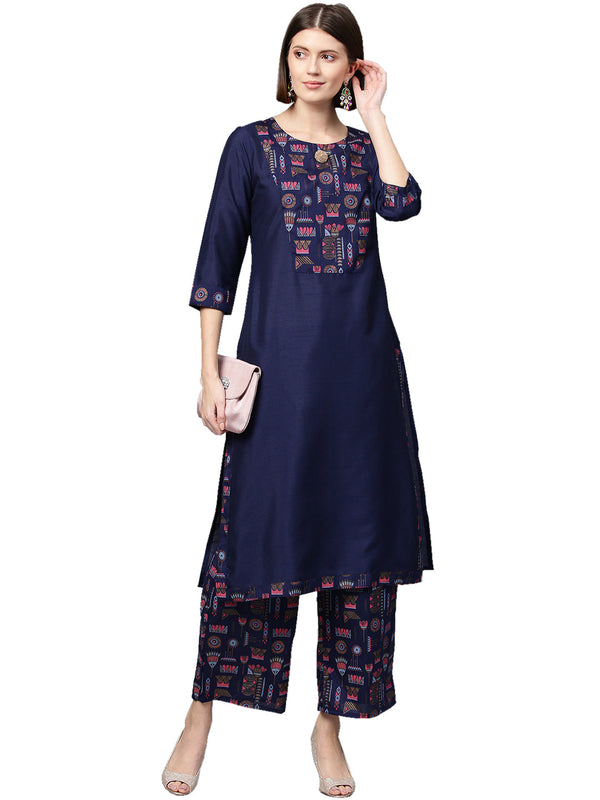 Women's Navy Blue Poly Silk Kurta And Palazzo Set - Ziyaa