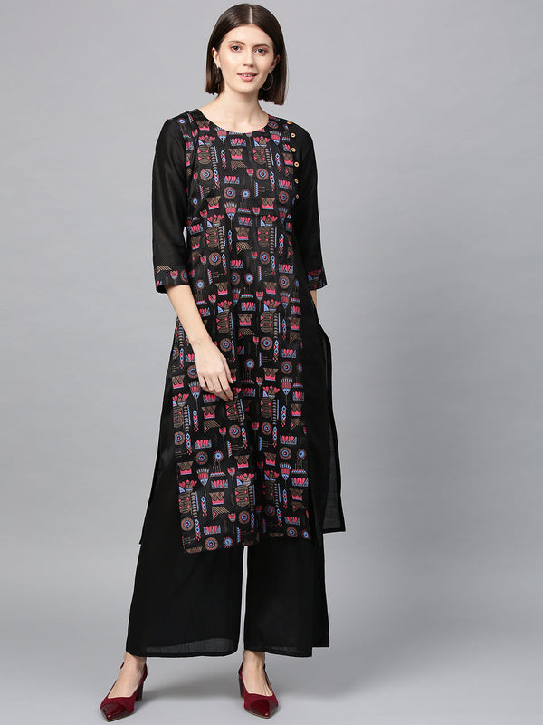 Women Black Silk Printed Kurta by Ziyaa (1pc)