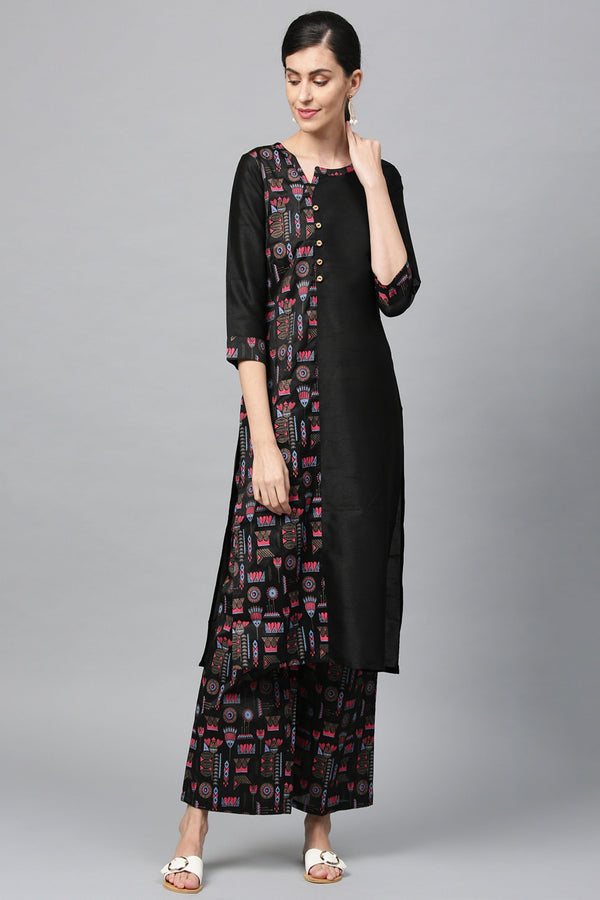 Women's Black Poly Silk Kurta - Ziyaa