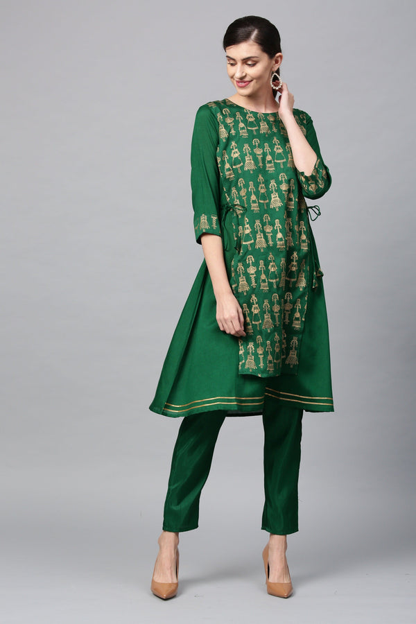 Women's Green Poly Silk Kurta - Ziyaa