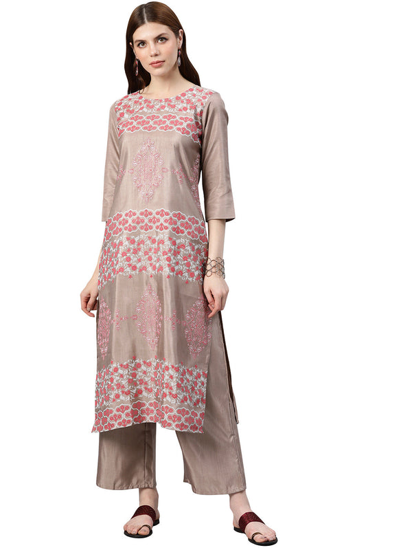 Women's Beige Poly Silk Kurta And Palazzo Set - Ziyaa