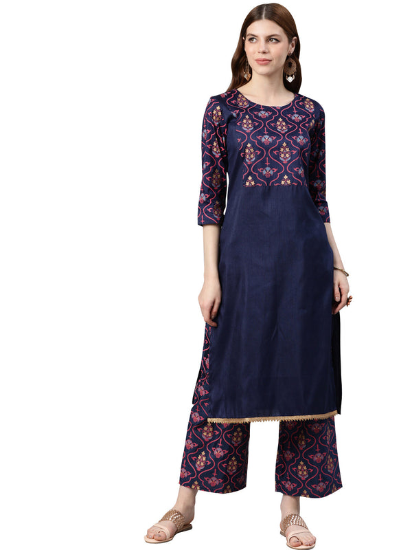 Women's Navy Blue Poly Silk Kurta And Palazzo Set - Ziyaa