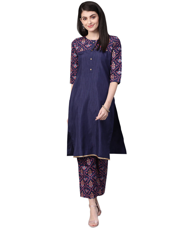 Women's Navy Blue Poly Silk Kurta - Ziyaa