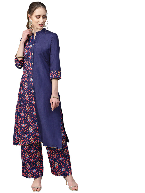 Women's Navy Blue Poly Silk Kurta - Ziyaa