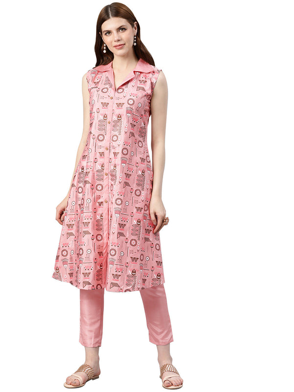 Women's Pink Poly Silk Kurta - Ziyaa