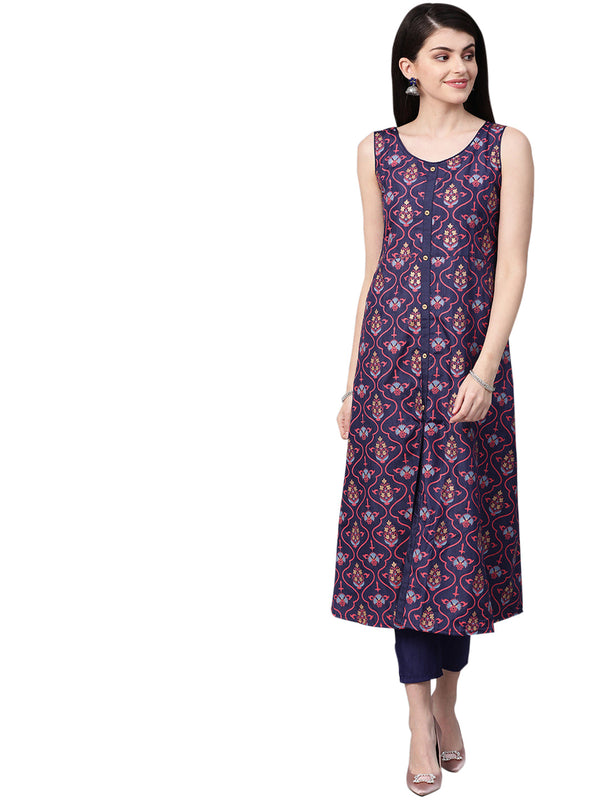 Women's Navy Blue Poly Silk Kurta - Ziyaa