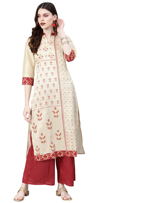 Women's Cream Poly Silk Kurta - Ziyaa