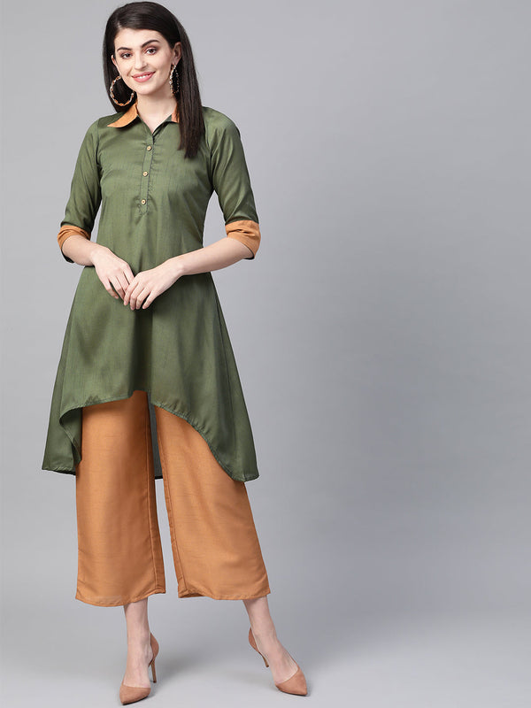 Women's Green Poly Silk Kurta - Ziyaa