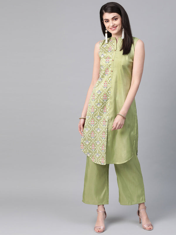 Women's Green Poly Silk Kurta - Ziyaa