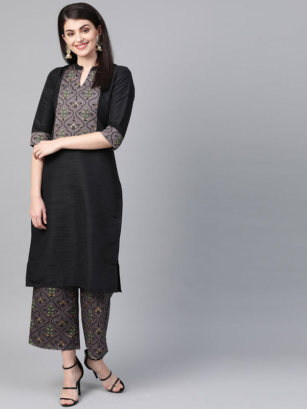 Women's Black Poly Silk Kurta - Ziyaa