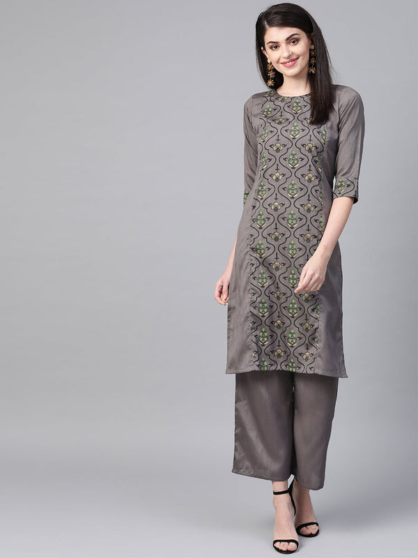 Women's Grey Poly Silk Kurta - Ziyaa