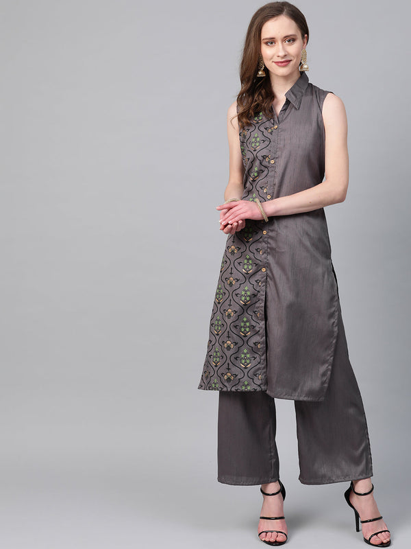 Women's Grey Poly Silk Kurta - Ziyaa