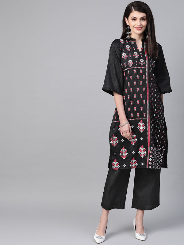 Women's Black Poly Silk Kurta - Ziyaa