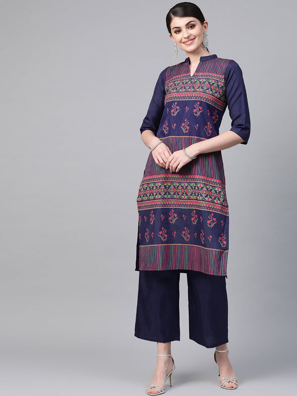 Women's Navy Blue Poly Silk Kurta - Ziyaa