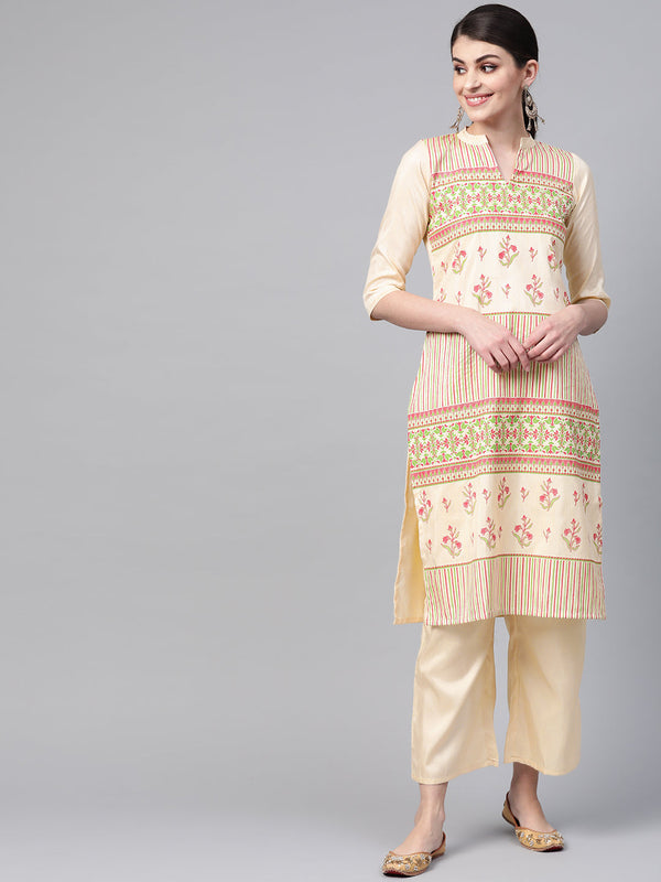 Women's Cream Poly Silk Kurta - Ziyaa