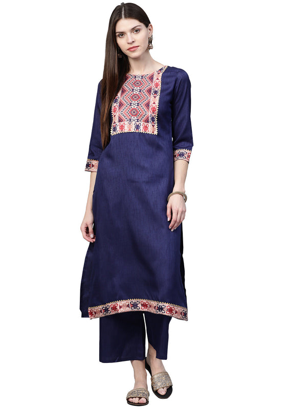 Women's Navy Blue Poly Silk Kurta - Ziyaa