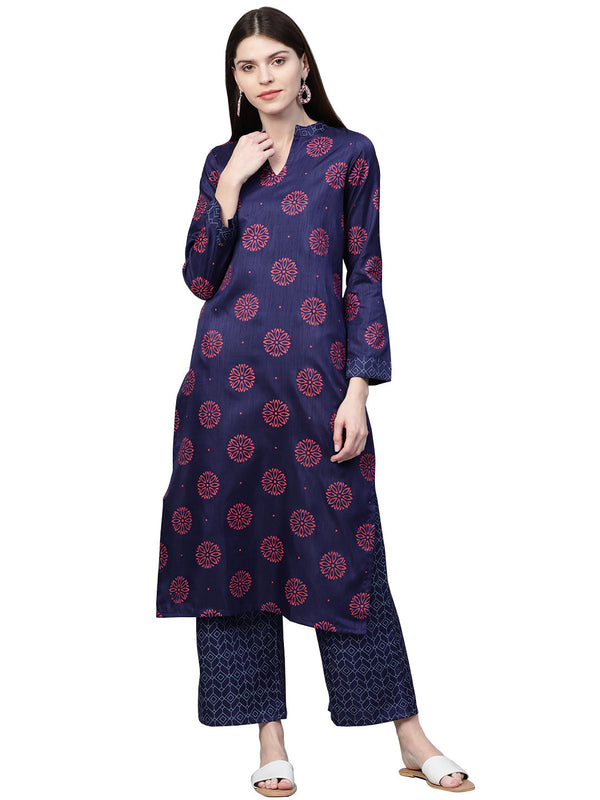 Women's Navy Blue Poly Silk Kurta - Ziyaa