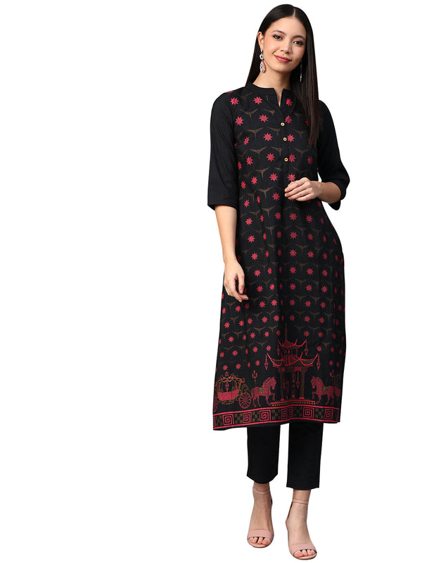 Women Black Printed Silk Kurta by Ziyaa (1pc)