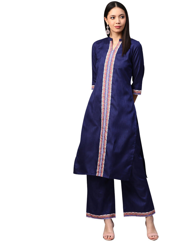 Women's Navy Blue Poly Silk Kurta - Ziyaa