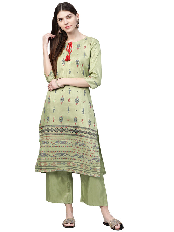 Women Green Printed Silk Kurta by Ziyaa (1pc)