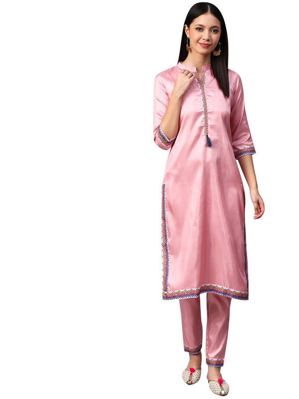 Women's Pink Poly Silk Kurta And Pant Set - Ziyaa