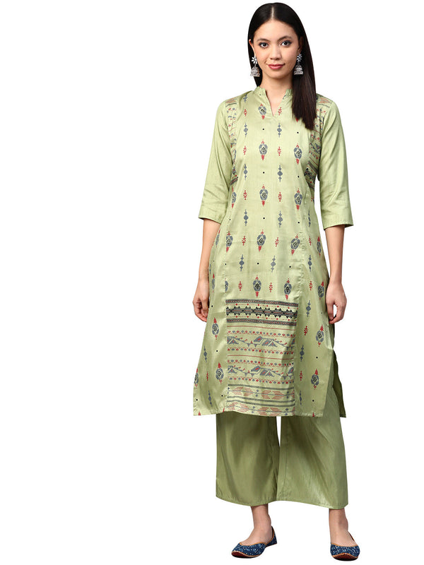 Women's Green Poly Silk Kurta - Ziyaa