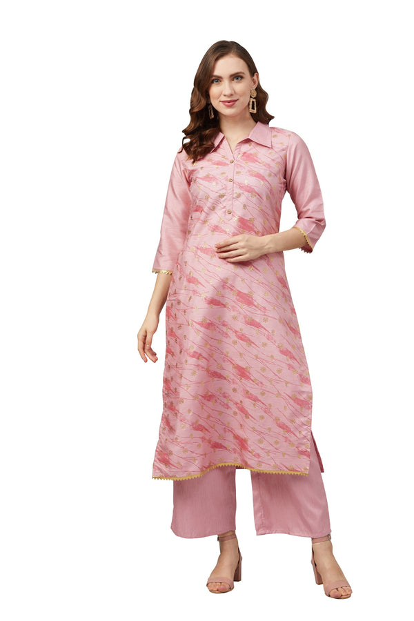 Women's Pink Poly Silk Kurta - Ziyaa