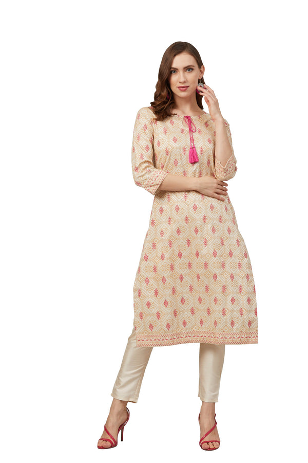 Women's Cream Poly Silk Kurta - Ziyaa