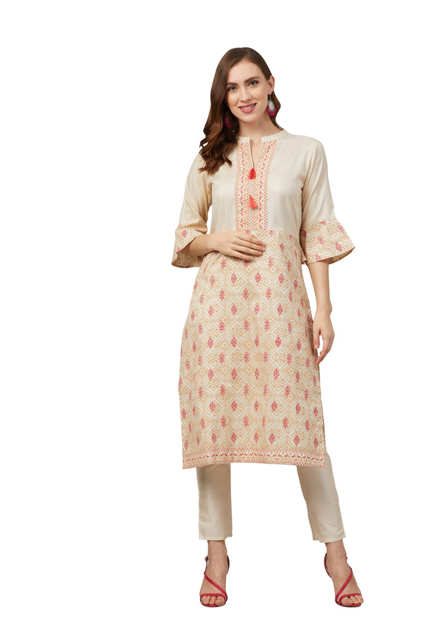 Women's Cream Poly Silk Kurta - Ziyaa