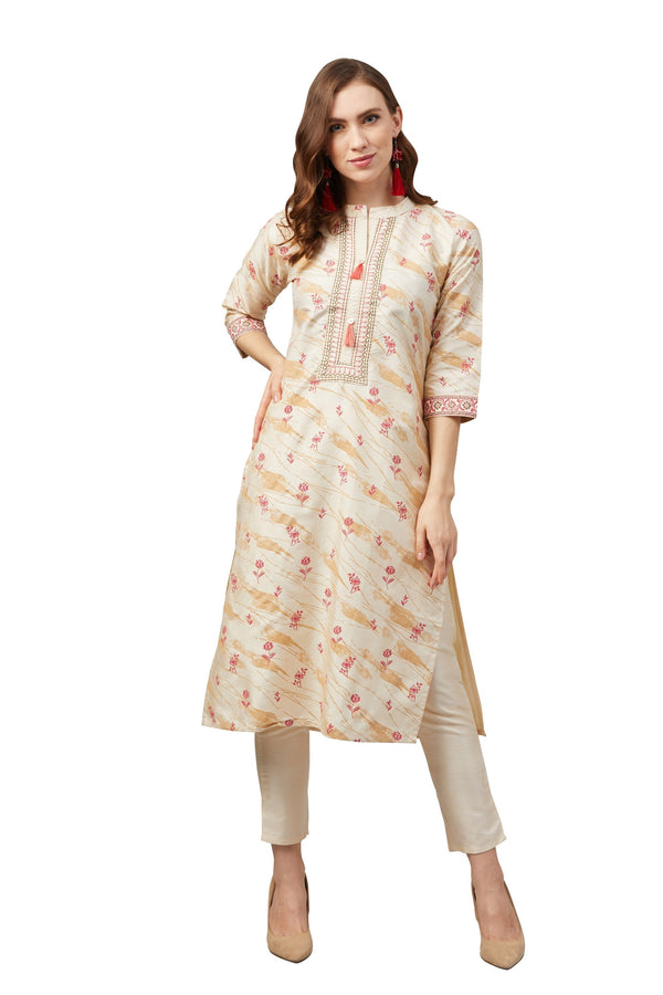 Women's Cream Poly Silk Kurta - Ziyaa