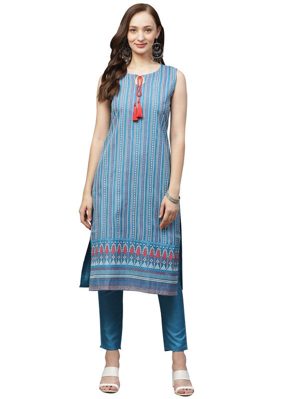 Women's Blue Poly Silk Kurta - Ziyaa