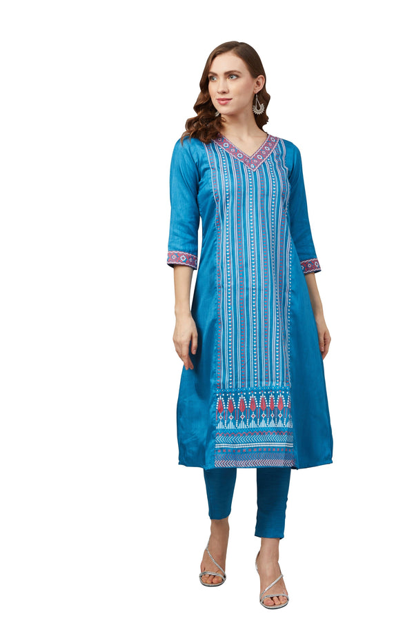 Women's Blue Poly Silk Kurta - Ziyaa