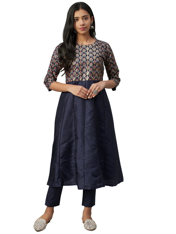 Women's Navy Blue Poly Silk Kurta - Ziyaa