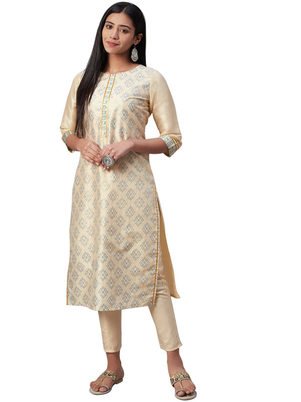 Women's Cream Poly Silk Kurta - Ziyaa