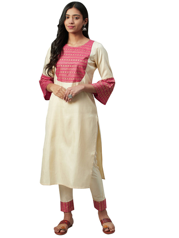 Women's Cream Poly Silk Kurta - Ziyaa