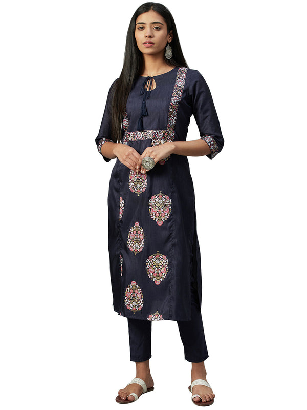 Women's Navy Blue Poly Silk Kurta - Ziyaa