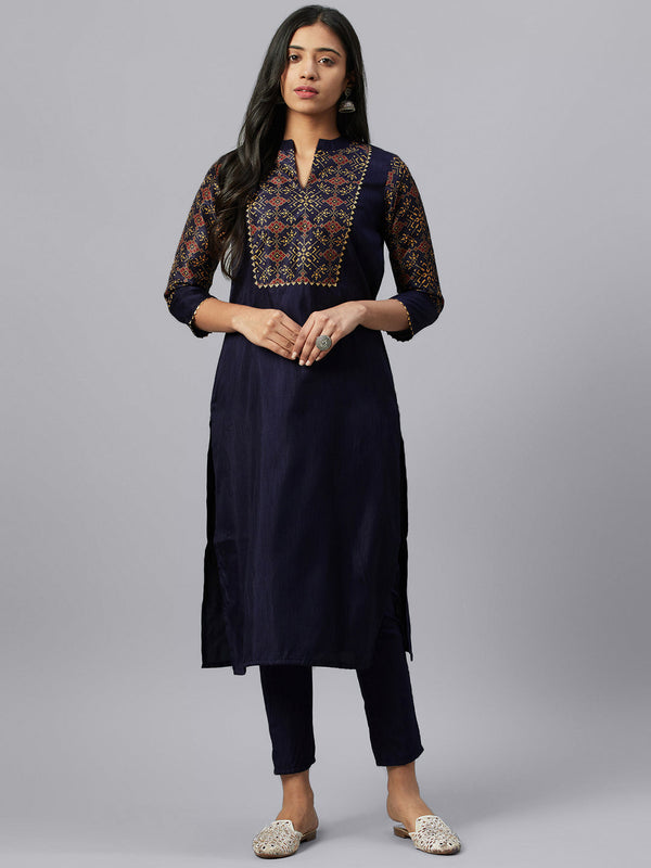 Women's Blue Poly Silk Kurta and Pant Set by Ziyaa (2pc Set)