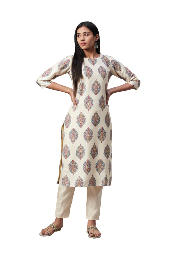 Women's Cream Poly Silk Kurta - Ziyaa