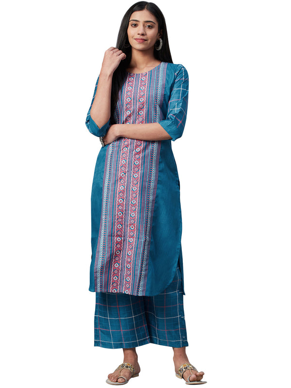 Women's Teal Poly Silk Kurta And Palazzo Set - Ziyaa