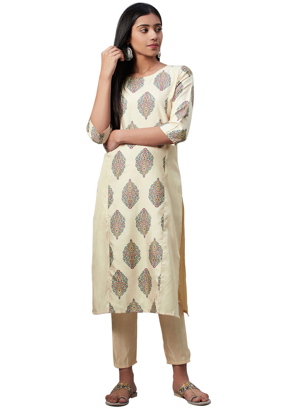 Women's Beige Poly Silk Kurta - Ziyaa