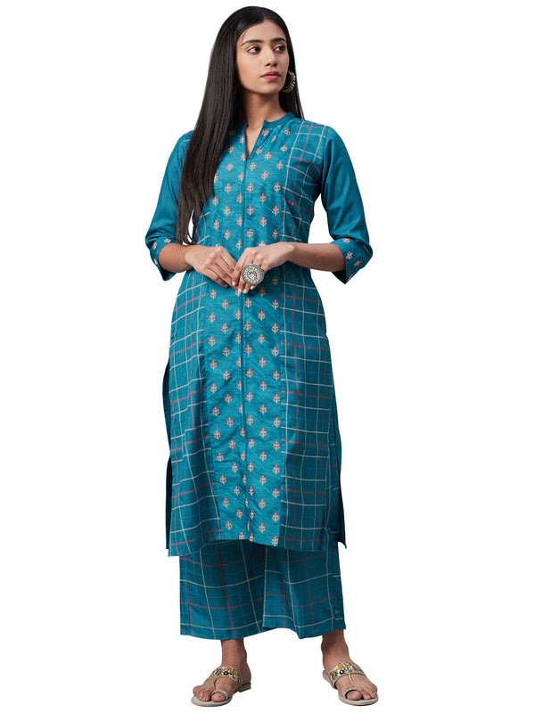 Women's Teal Poly Silk Kurta - Ziyaa